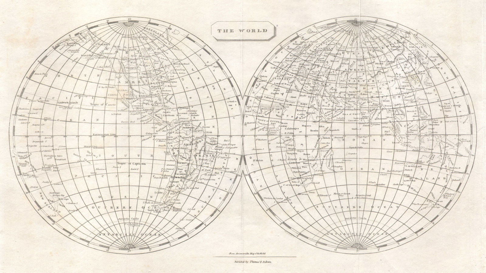 The World in Hemispheres by Arrowsmith & Lewis 1812 old antique map plan chart
